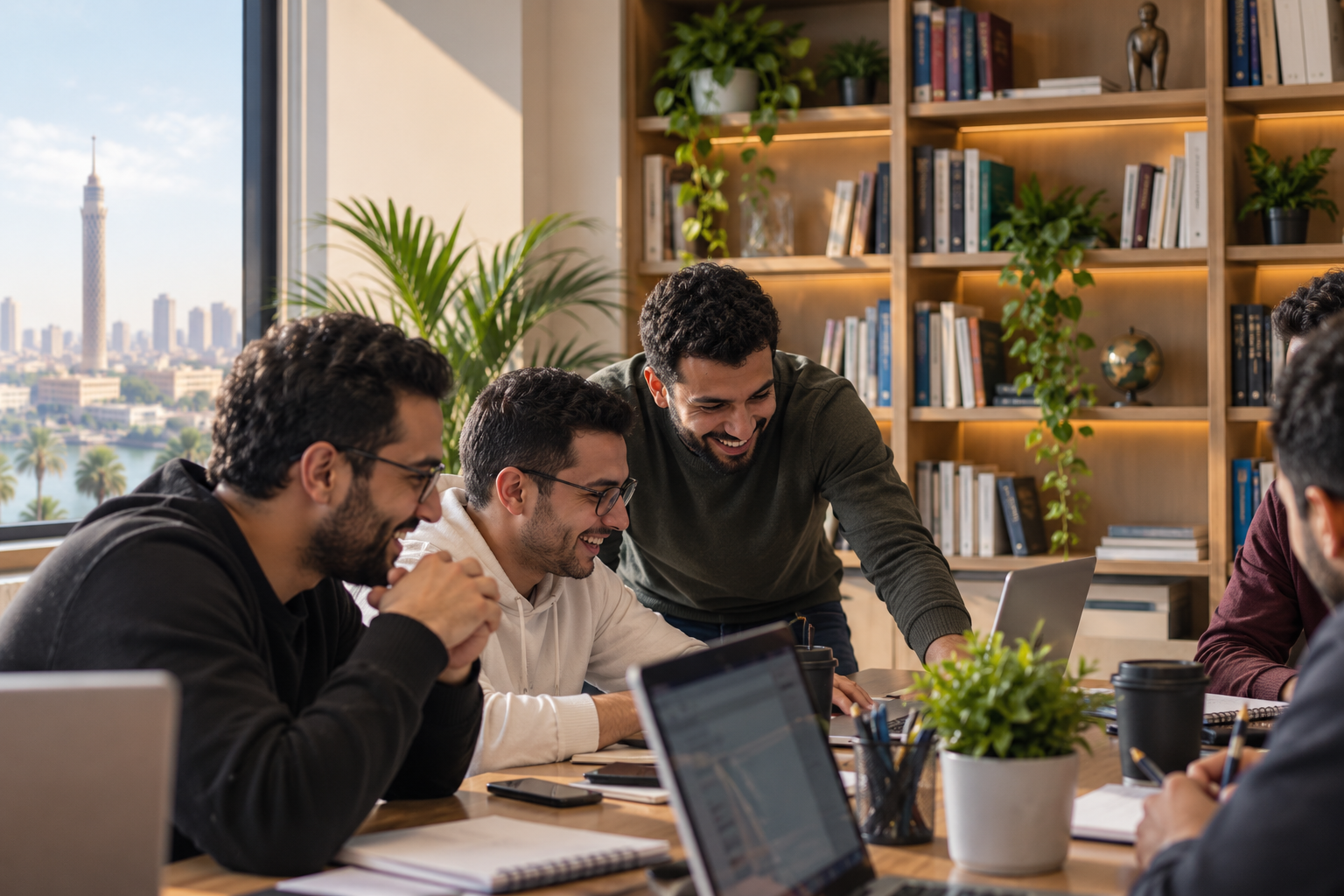 Professionals collaborating in a modern office